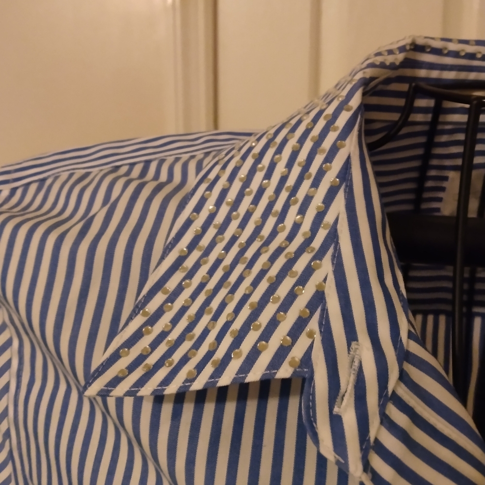Chino's no iron shirt. Size 3. Blue and white striped. Rhinestone collar.